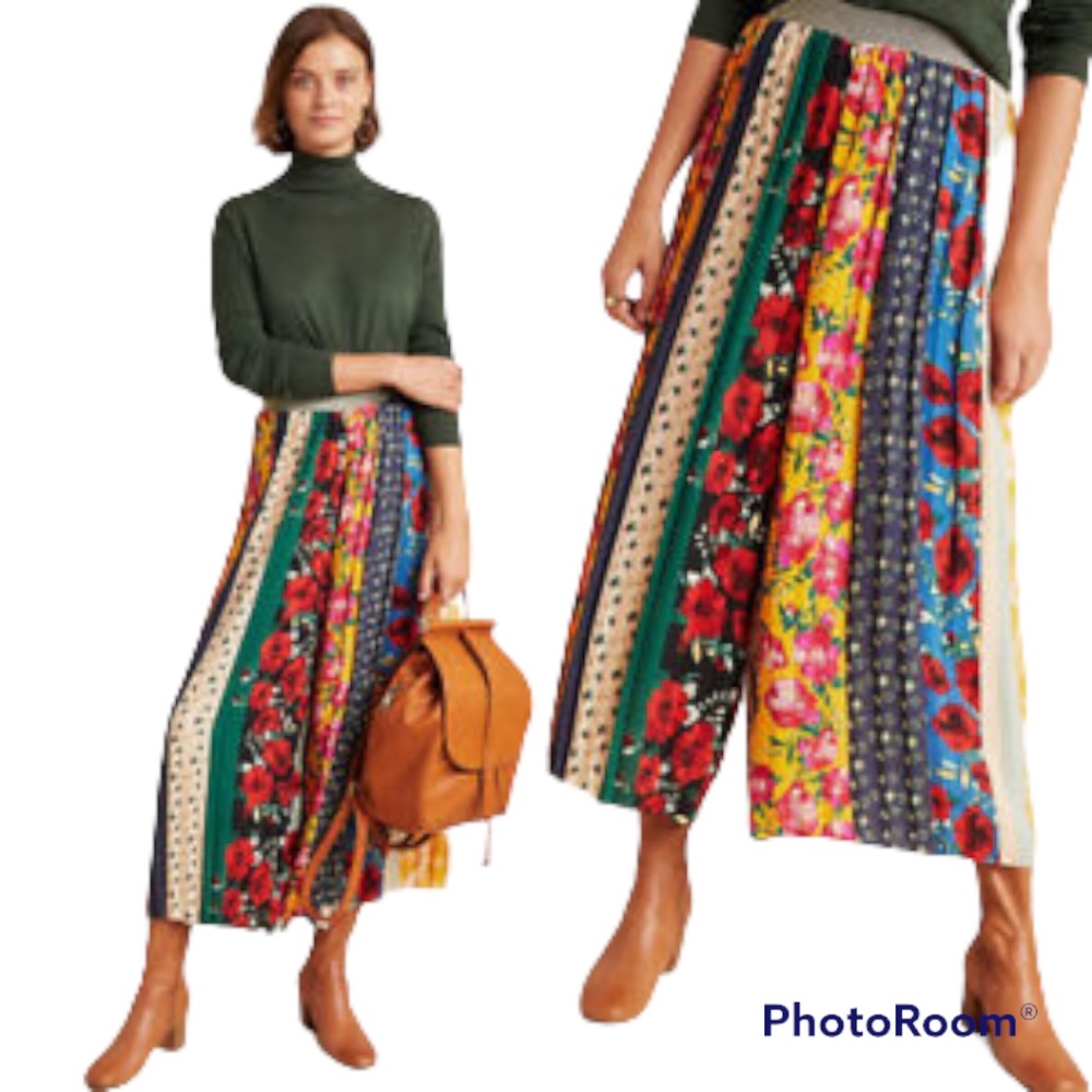Anthropologie Spirited Patchwork Pleated Palazzo Pants Wide Leg